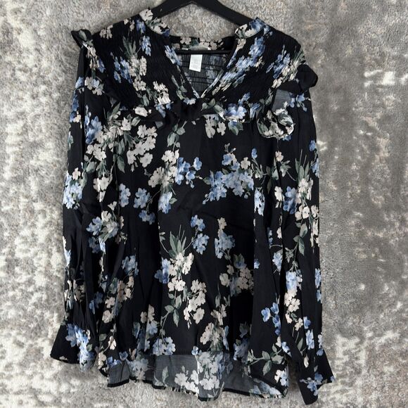 H&M Sz L Dark Floral Ruffle Blouse V-Neck Top Black Cottagecore - Picture 1 of 8